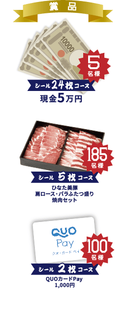 賞品 シール24枚コース現金5万円5名様 シール5枚コースひなた美豚肩ロース・バラふたつ盛り焼肉セット185名様 シール2枚コースクオカードペイ2枚コース100名様