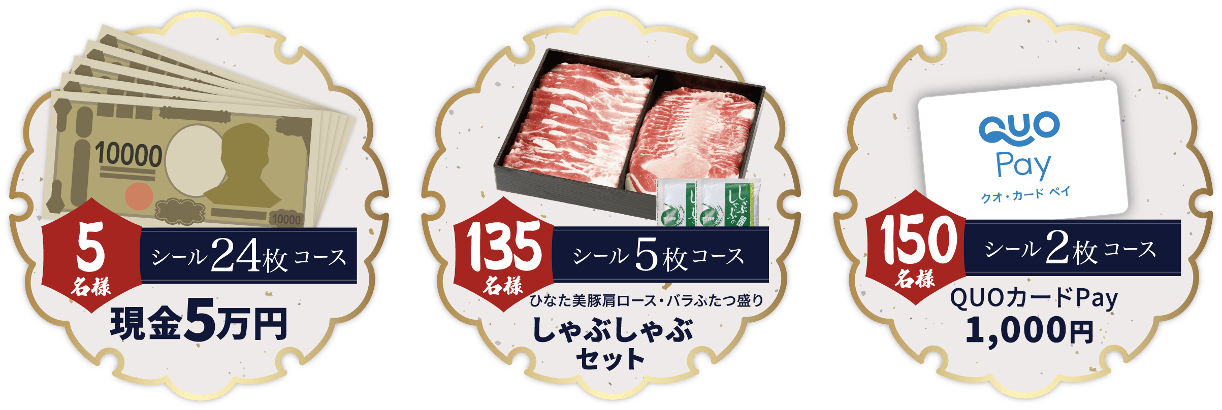 シール24枚コース現金5万円5名様 シール5枚コースひなた美豚肩ロース・バラふたつ盛り焼肉セット135名様 シール2枚コースクオカードペイ2枚コース150名様